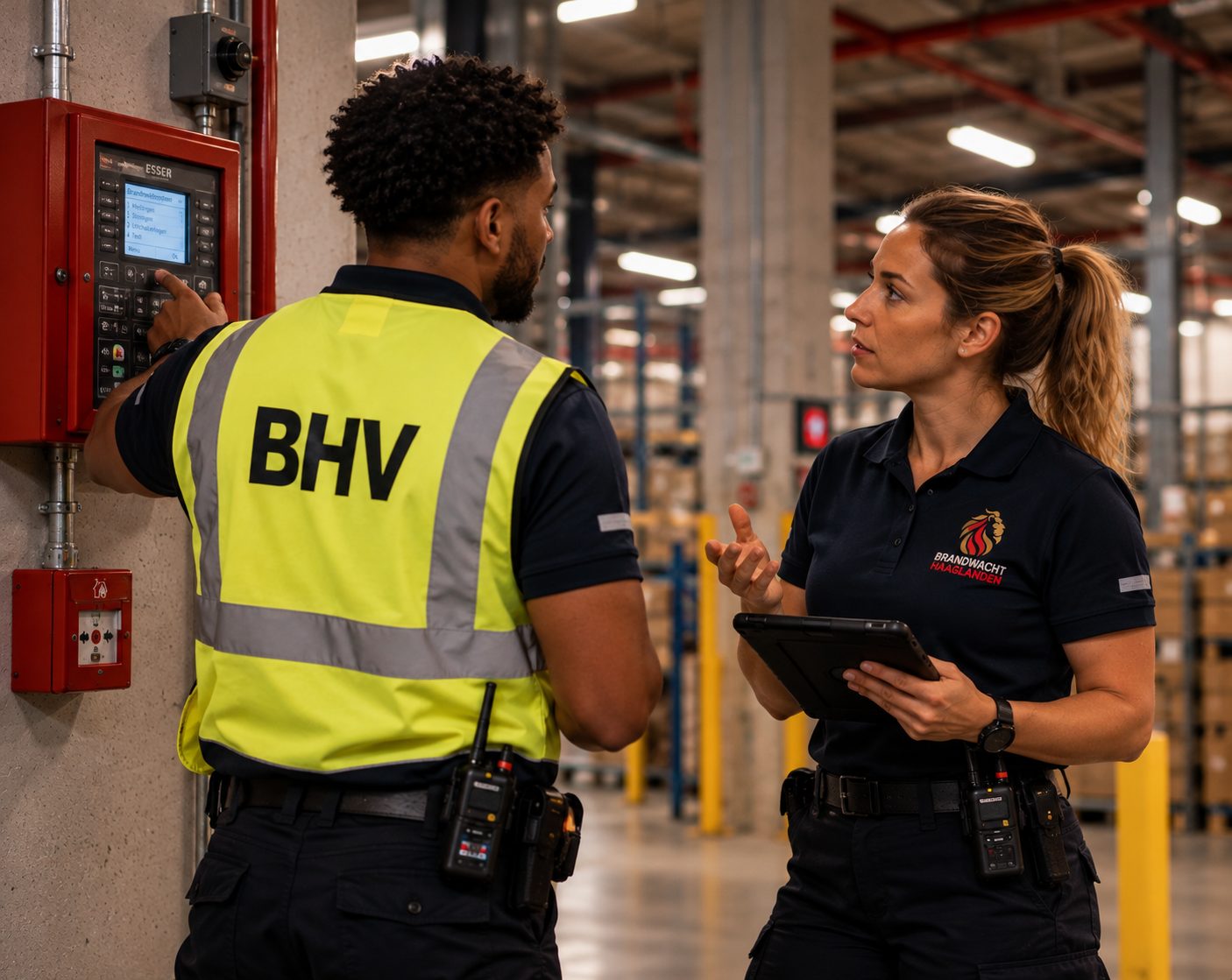 BHV'er en brandwacht van BrandwachtHaaglanden bij de brandmeldcentrale