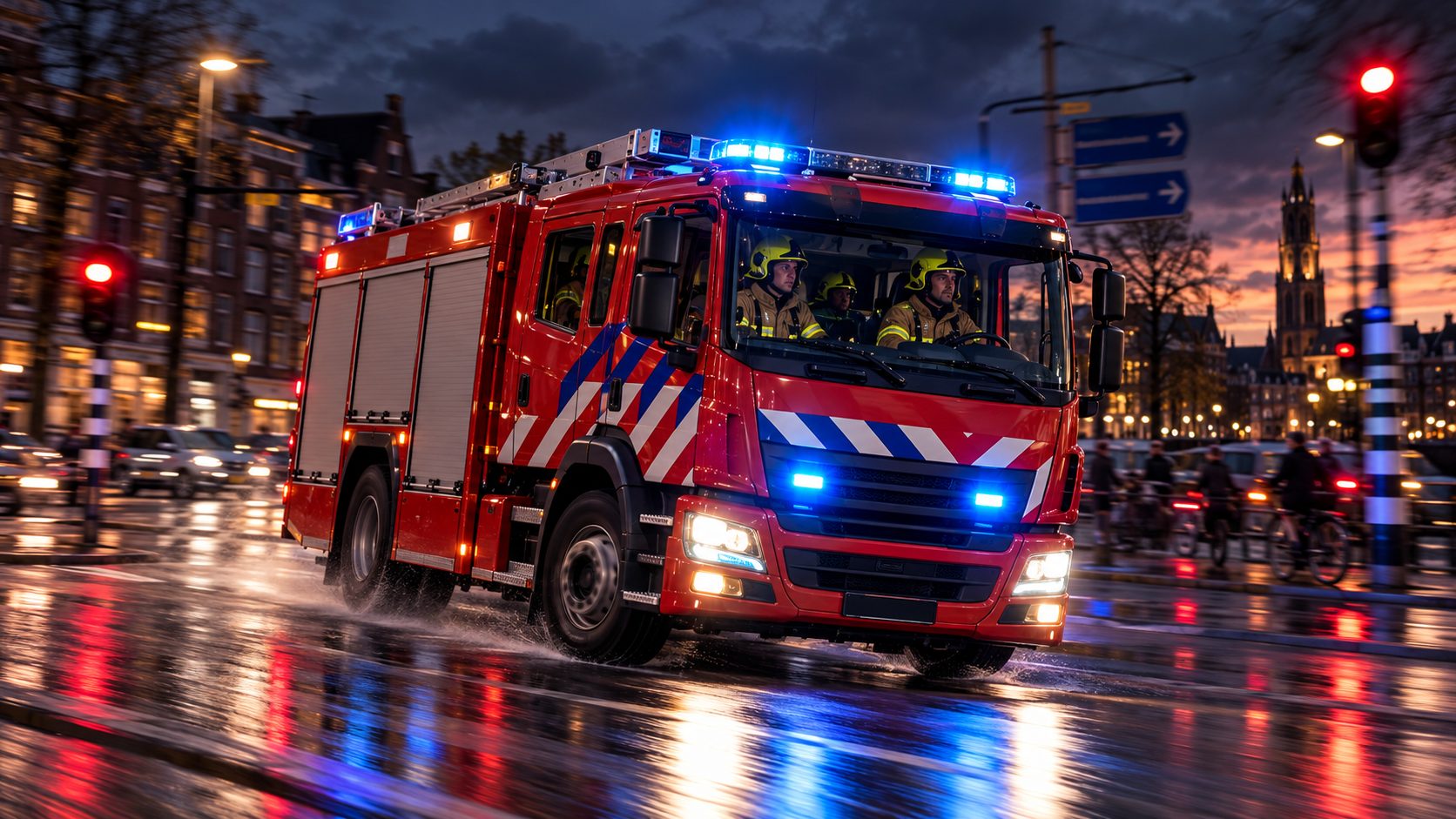 Volledig bemande tankautospuit met zwaailicht op weg naar een inzet